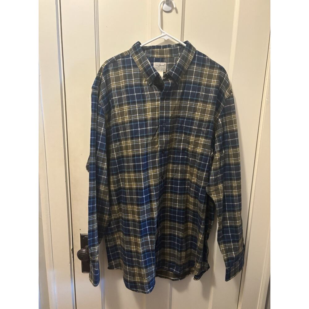LL‎ Bean Mens XXL Tall Flannel Shirt Blue Green Plaid Slightly Fitted 298168